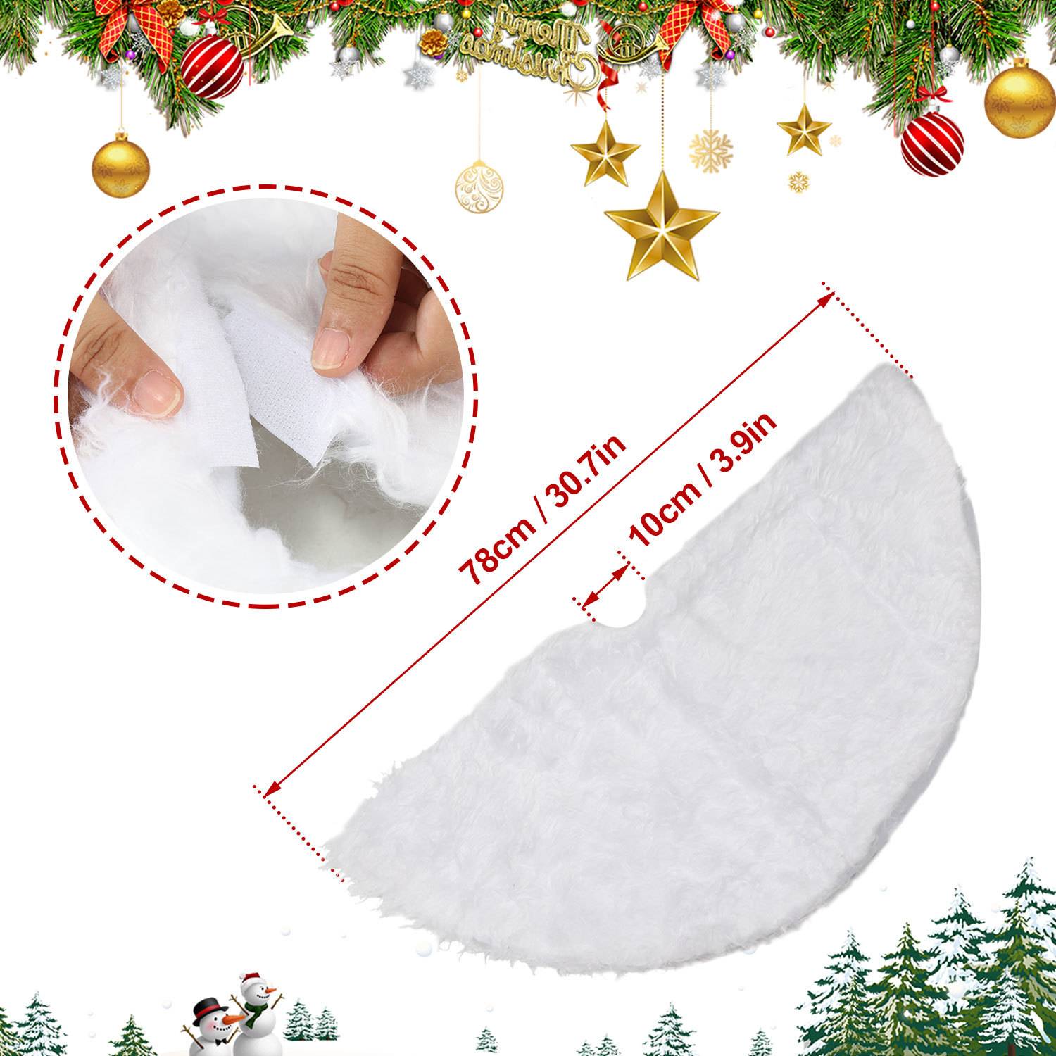 Weiße, flauschige, sichelförmige Weihnachtsdekoration, die mit Händen auseinandergezogen wird; gekennzeichnet mit 78 cm (30,7 Zoll) lang und 10 cm (3,9 Zoll) breit.