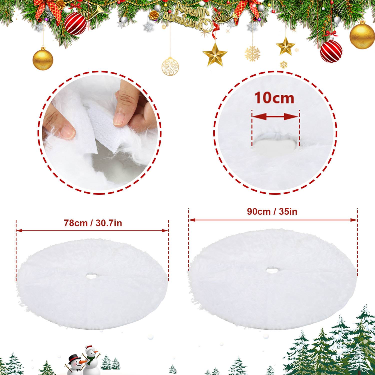 Weihnachtsbaumdecke mit Abmessungen: 78 cm oder 30,7 Zoll und 90 cm oder 35 Zoll, plus 10 cm Verschlussdetail.