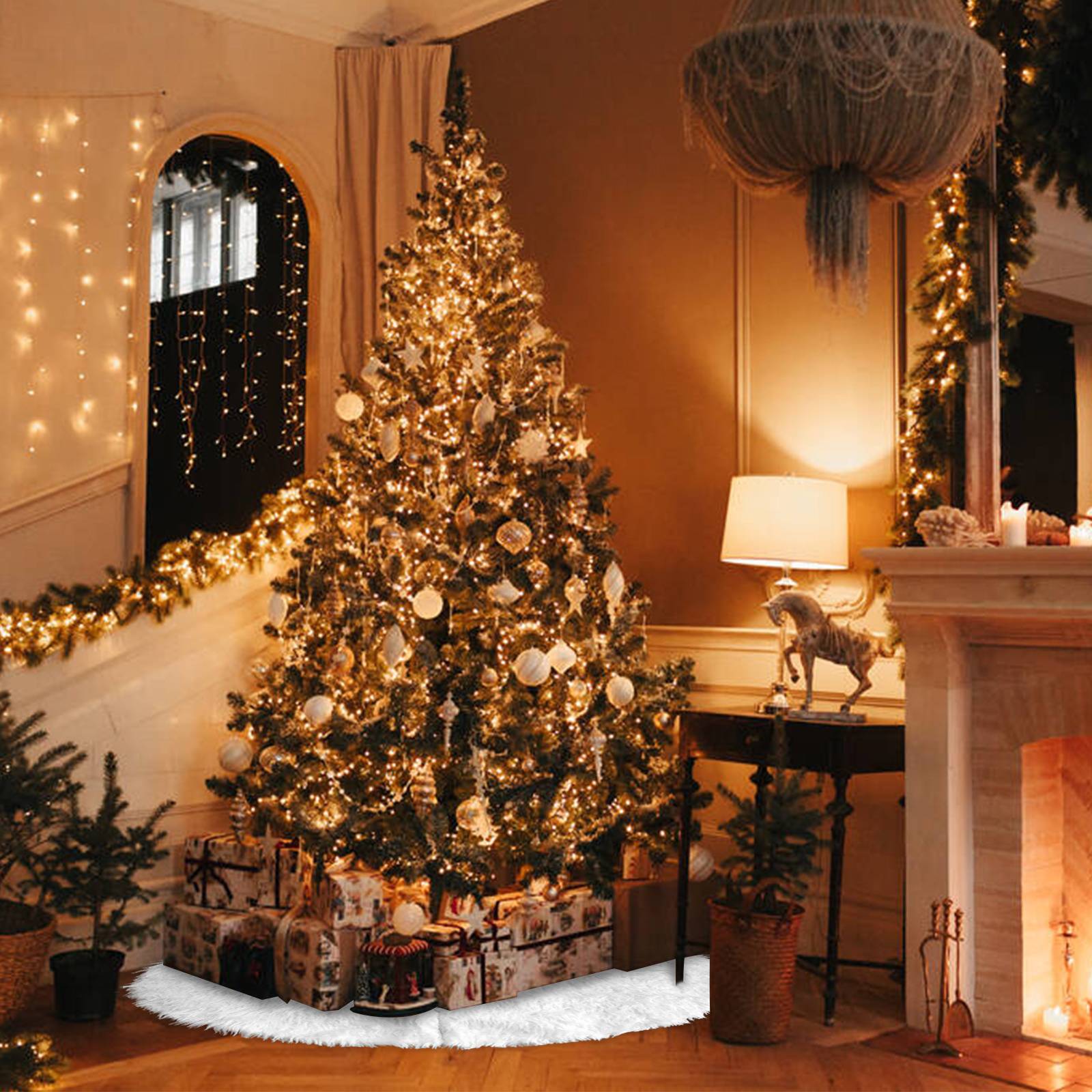 Weihnachtsbaumdecke 78 cm aus Langplüsch und Vliesstoff, runder Christbaumrock mit 10 cm Mittelöffnung in Weiß