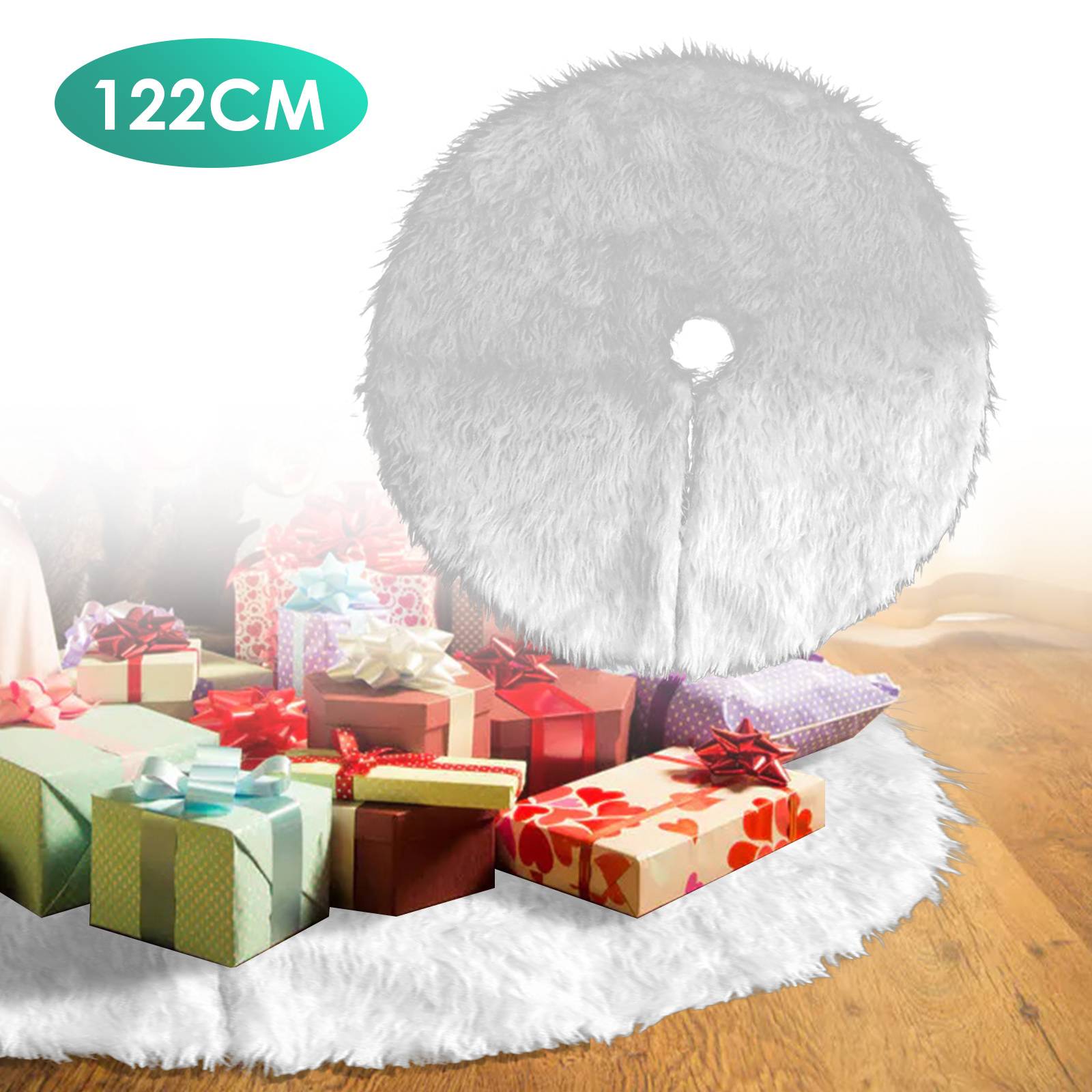 Weihnachtsbaumdecke 122 cm aus Langplüsch und Vliesstoff, runder Christbaumrock mit 10 cm Mittelöffnung in Weiß