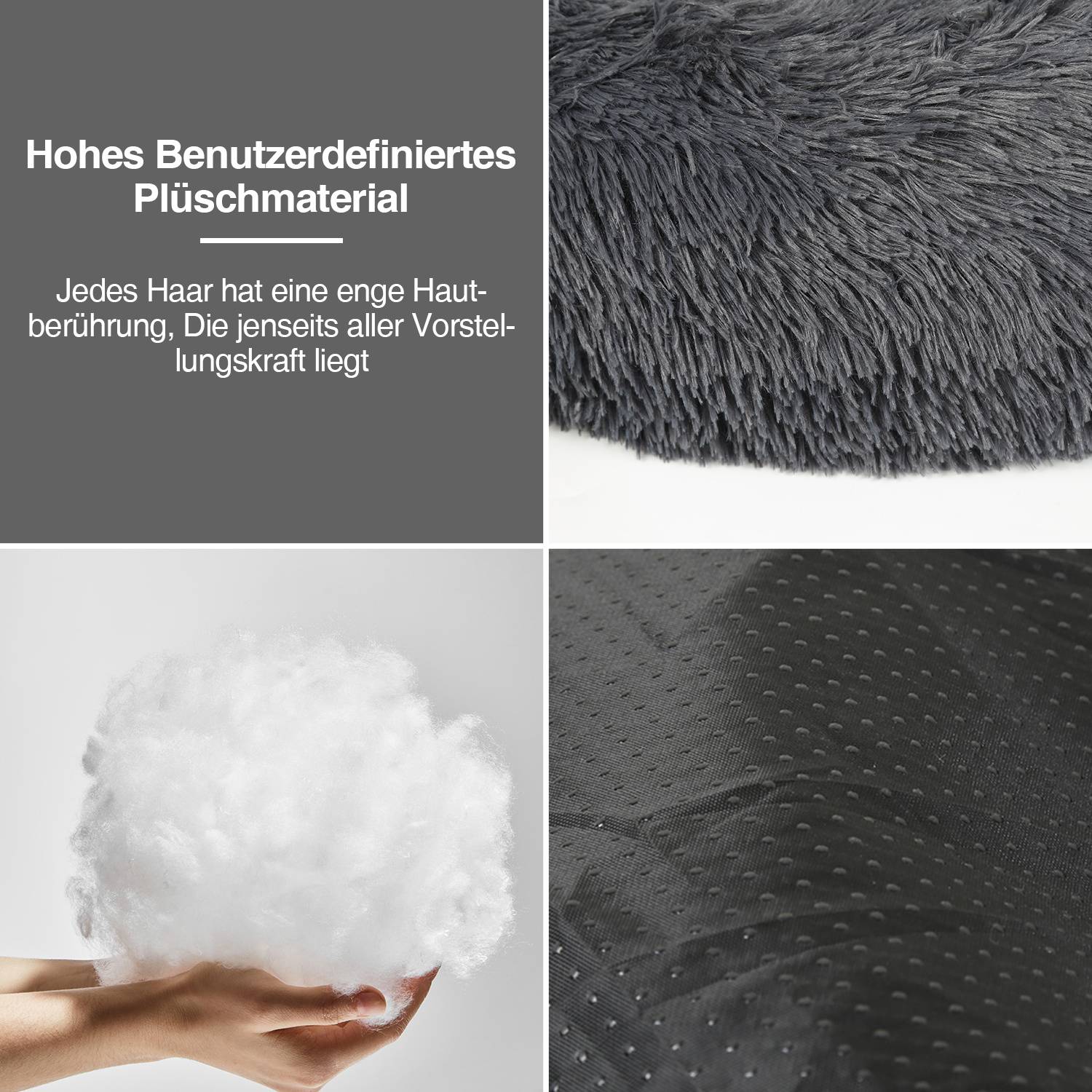 Deutsches Promo-Grafik für hochfloriges Plüschmaterial, das dichtes Kunstfell, weiches Füllmaterial und eine strukturierte Rückseite zeigt.