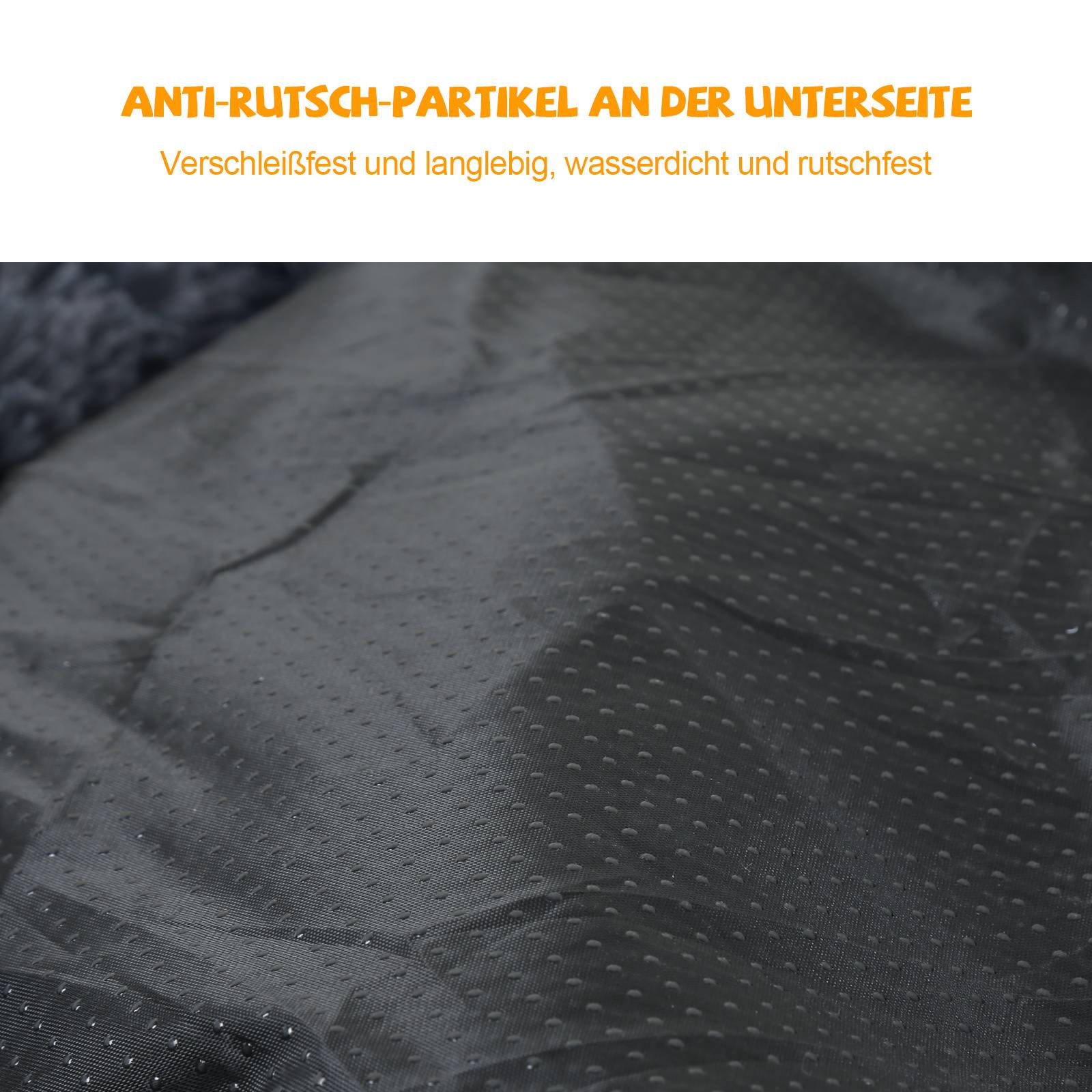 Nahaufnahme der Unterseite einer Tasche mit rutschfesten Partikeln; der Text besagt, dass sie verschleißfest, langlebig, wasserdicht und rutschsicher ist.