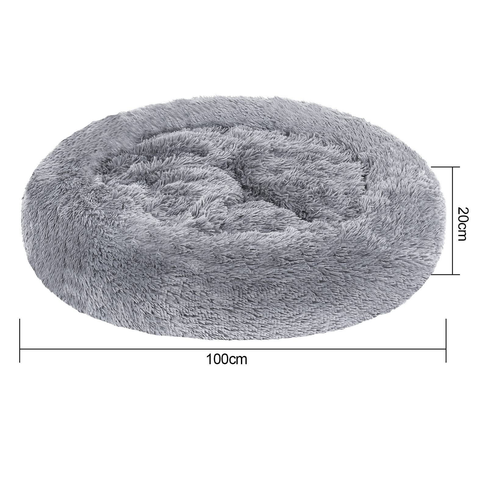 Graues ovales Shag-Haustierbett, gezeigt mit Abmessungen von 100 cm Breite und 20 cm Höhe.