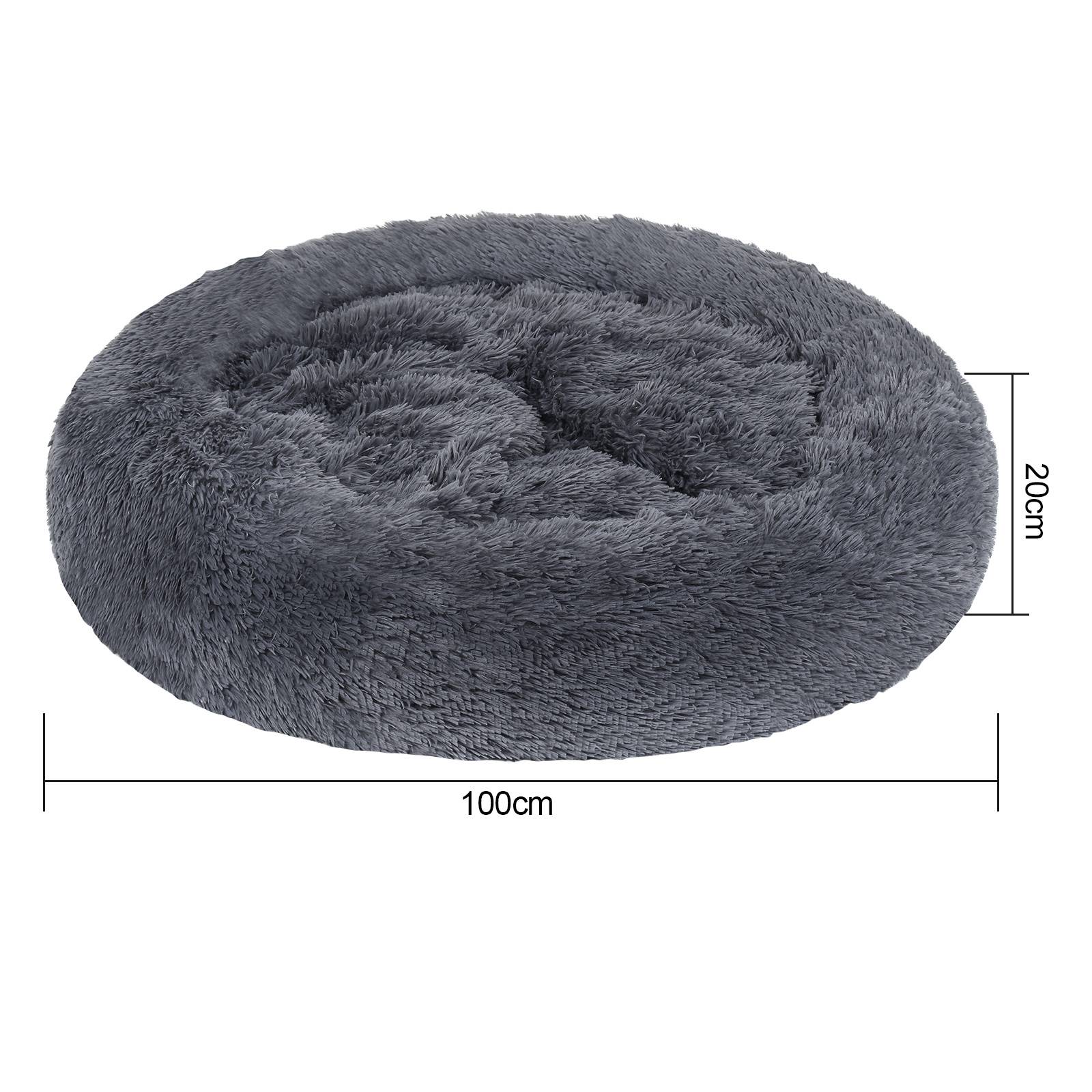 Rundes graues Shag-Haustierbett, 100 cm breit und 20 cm hoch, mit Größenmessungen dargestellt.