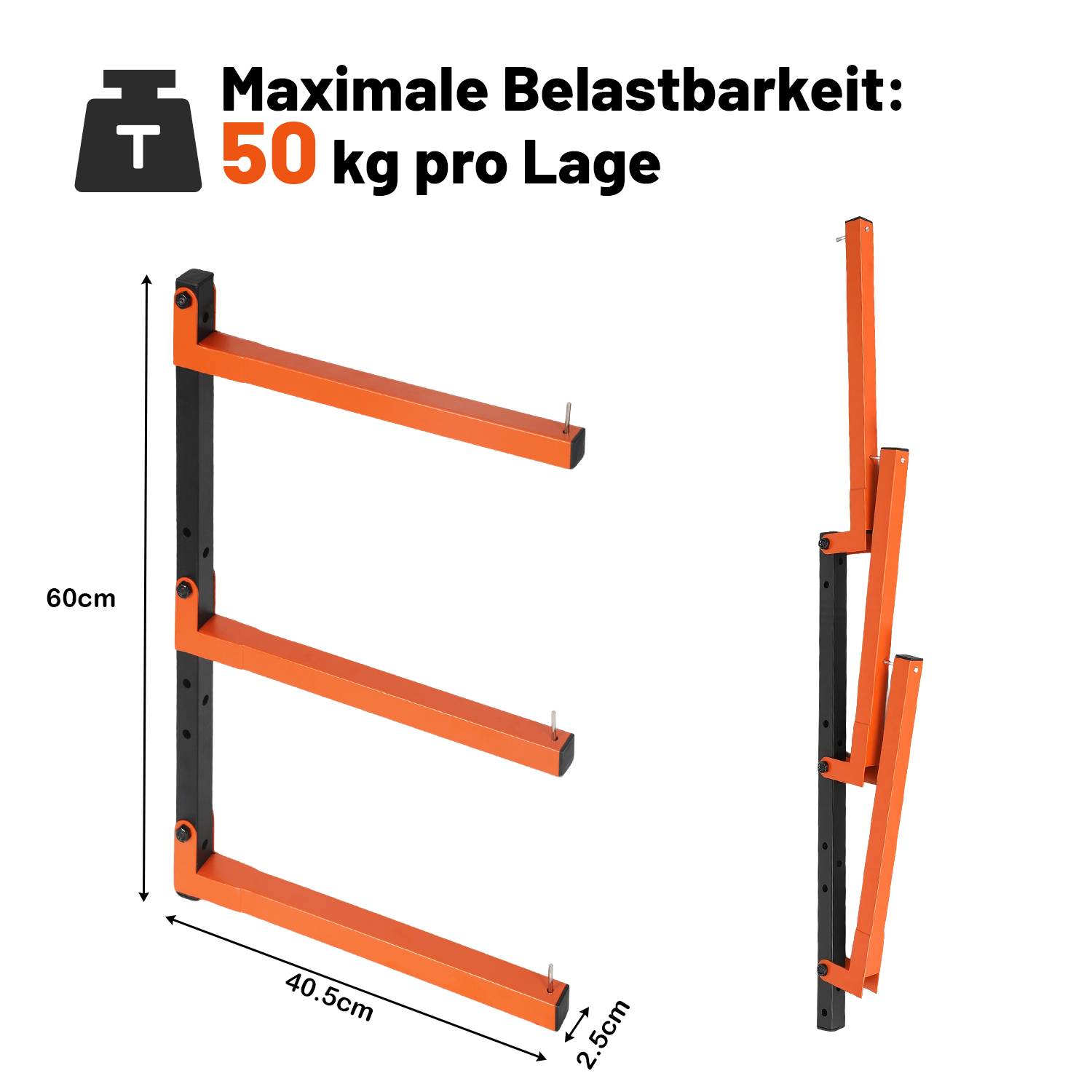 Diagramm eines wandmontierten Regals mit drei orangefarbenen Armen; der Text besagt „Maximale Belastbarkeit: 50 kg pro Lage" und zeigt die Abmessungen 60 cm hoch, 40,5 cm breit, 2,5 cm tief.