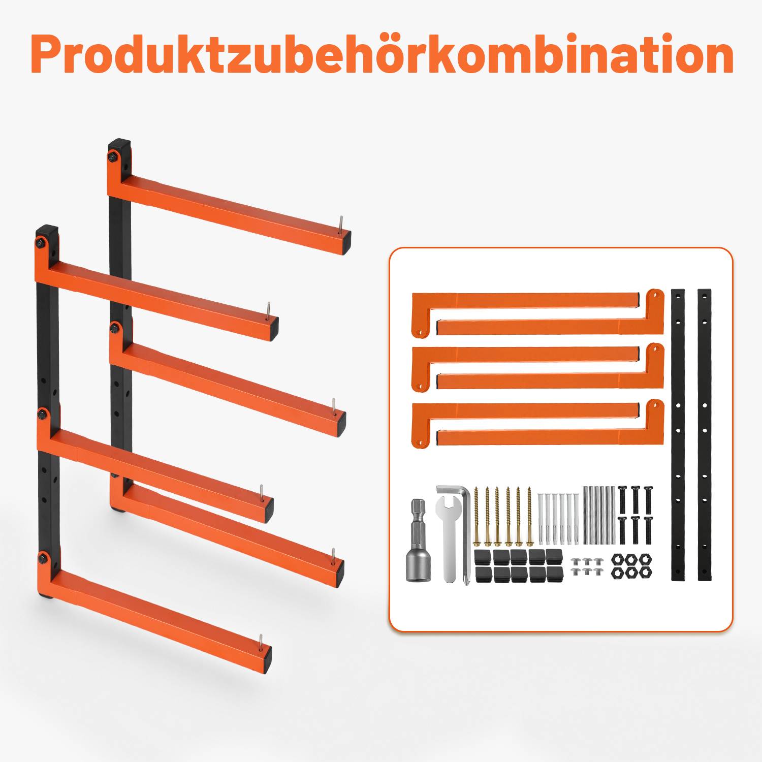 Produktzubehörkombination mit schwarzen Wandschienen, orangefarbigen verstellbaren Armen und einem Satz Montagezubehör und Werkzeuge.