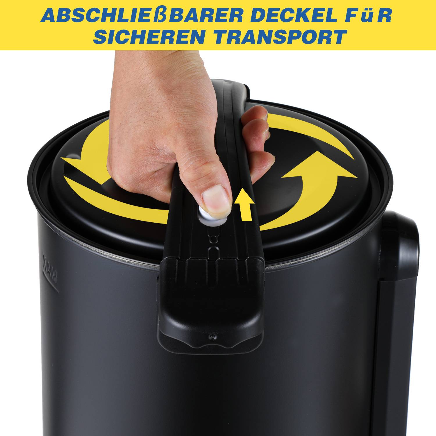 Hand sichert einen schwarzen Transportbehälter mit einem Verschlusdeckel; deutscher Text besagt „abschließbarer Deckel für sicheren Transport" (Verschlusdeckel für sicheren Transport).