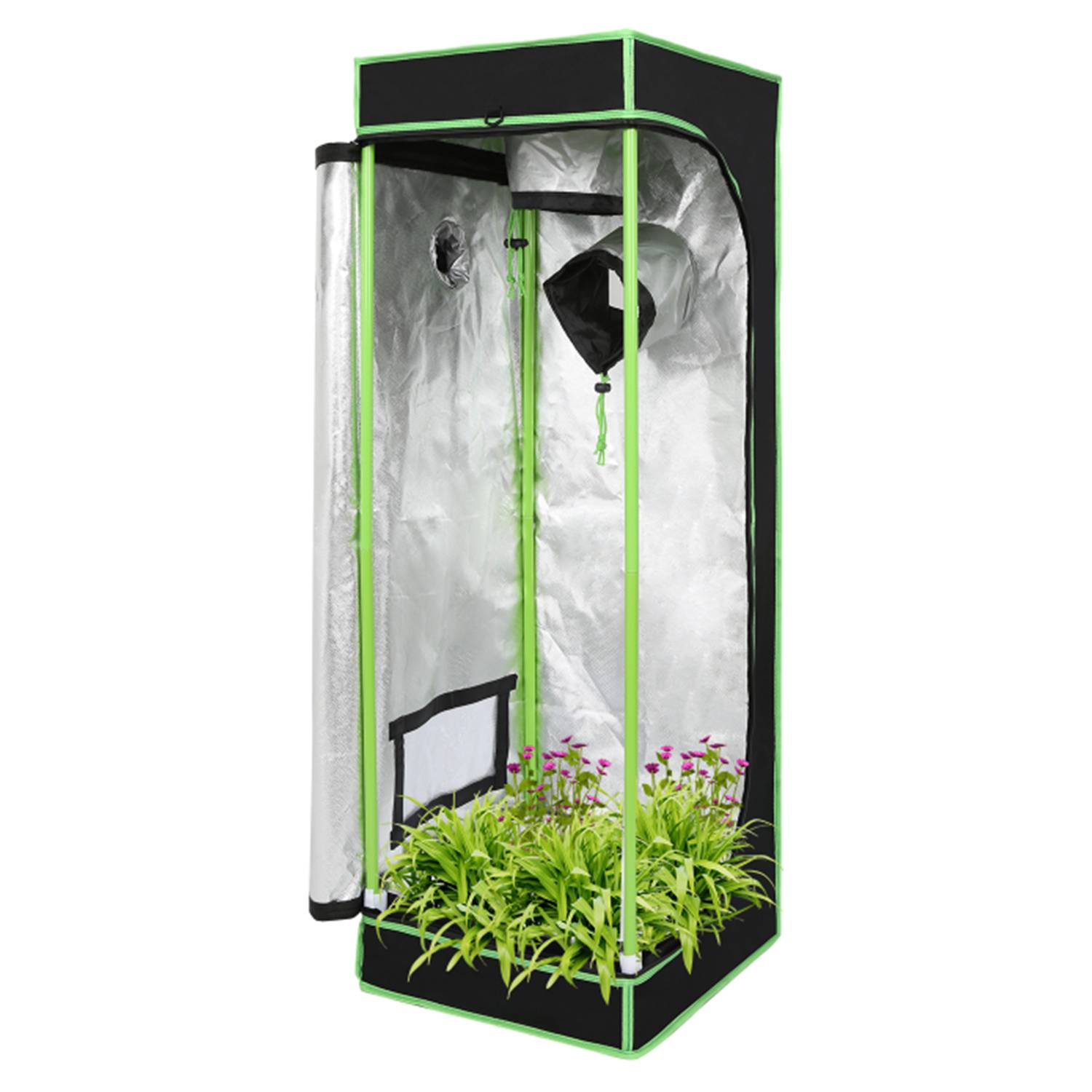 Tragbares Indoor-Growzelt mit reflektierendem Innenraum, Reißverschlusstür, Lüftungsöffnungen und Topfpflanzen im Inneren