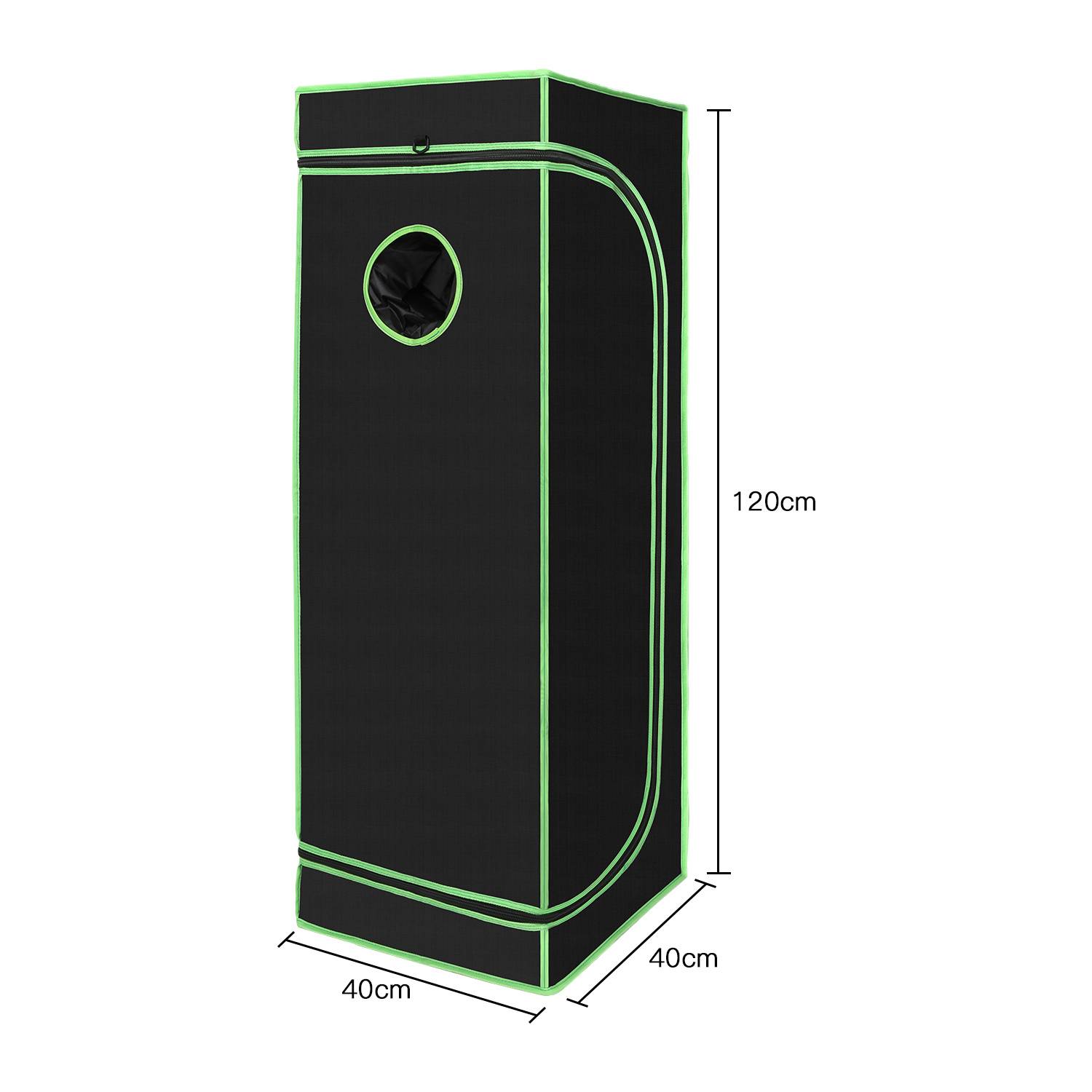 Schwarzes Stoffgewächshaus mit grüner Verzierung, gezeigt mit Abmessungen von 120 cm Höhe und 40 cm mal 40 cm, mit rundem Betrachtungsfenster.