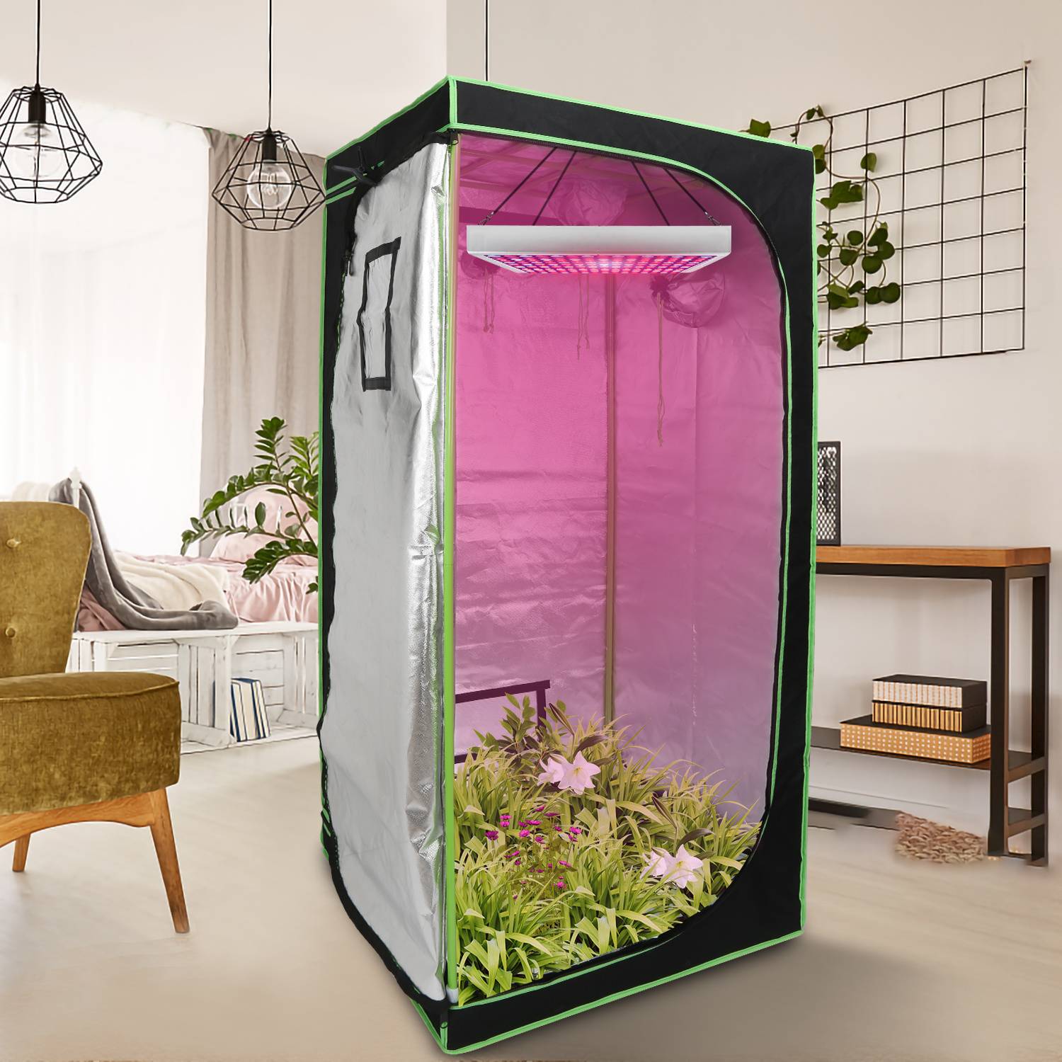 Pflanzenzelt 80 x 80 x 180 cm, Indoor Growzelt mit Stahlrahmen, Bodenwanne, Kabel- und Abluftöffnungen