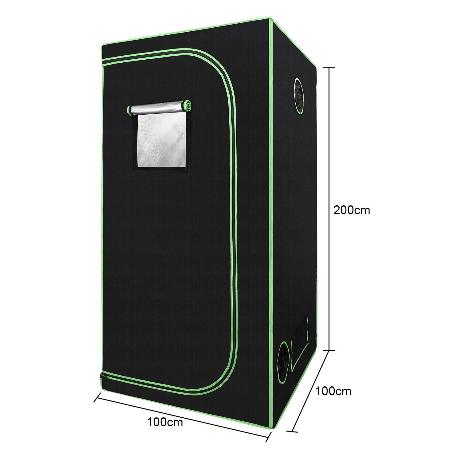 Schwarzes tragbares Growzelt mit Frontfenster und Seitenlüftungen, abgebildet mit Abmessungen von 100 cm Breite, 100 cm Tiefe und 200 cm Höhe.