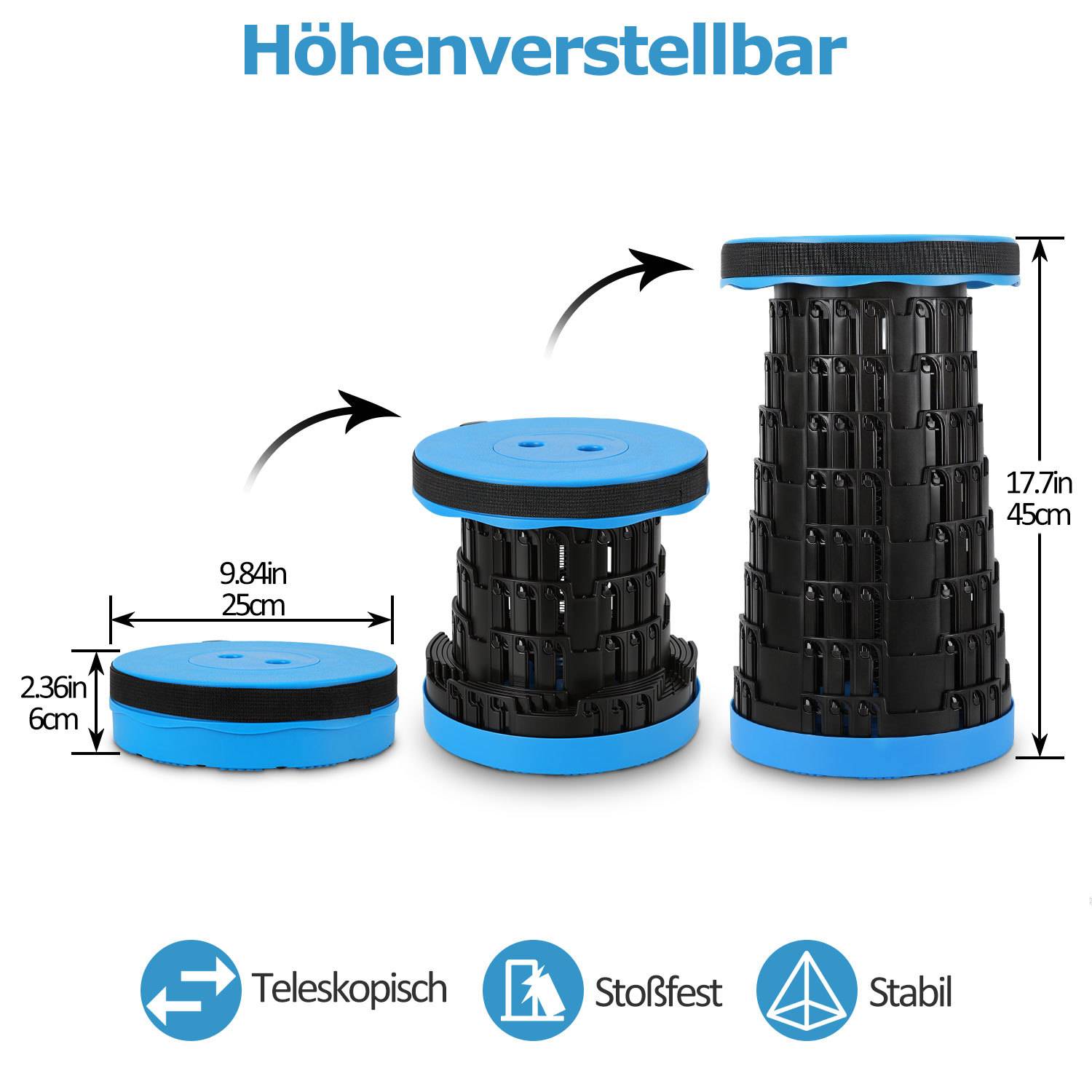 Abbildung eines verstellbaren Teleskopstuhls mit drei Höhenpositionen, von 2,36 Zoll/6 cm bis 17,7 Zoll/45 cm, mit deutschen Bezeichnungen für teleskopierbar, stoßfest und stabil.