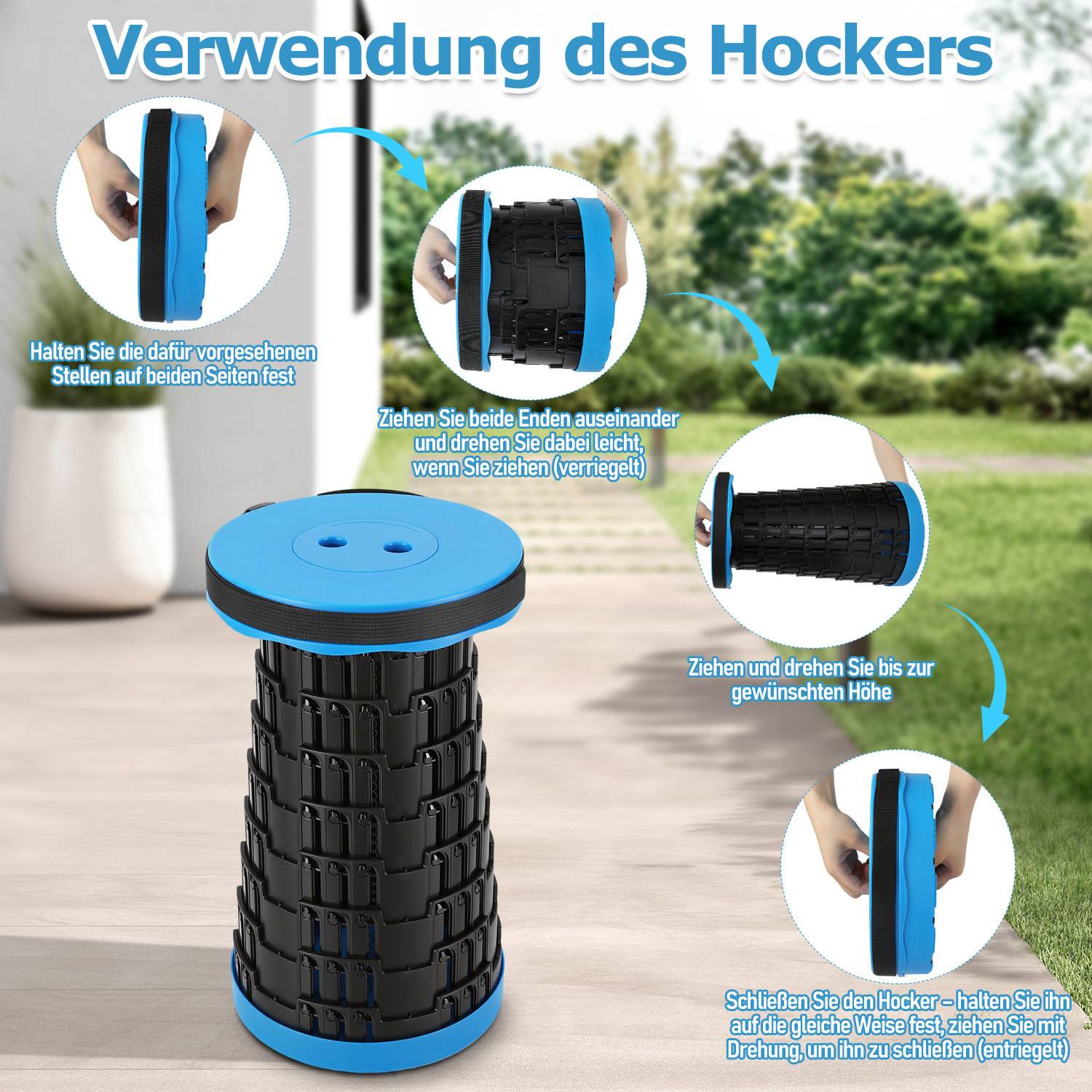 Bebilderte Anleitung zur Verwendung eines verstellbaren Hockers: Greifen Sie die seitlichen Griffe, ziehen und drehen Sie sie zum Entsperren, dehnen Sie auf die gewünschte Höhe aus, schließen Sie dann und ziehen Sie diagonal, um zu verriegeln.