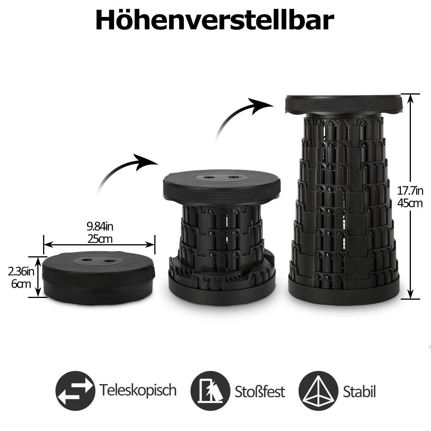 Ein Bild, das ein höhenverstellbares Teleskopsockel zeigt: 6 cm groß und 25 cm breit, wenn zusammengeklappt, erweiterbar auf 45 cm Höhe, mit den Aufschriften „Teleskopisch", „Stoßfest"" und „Stabil"".