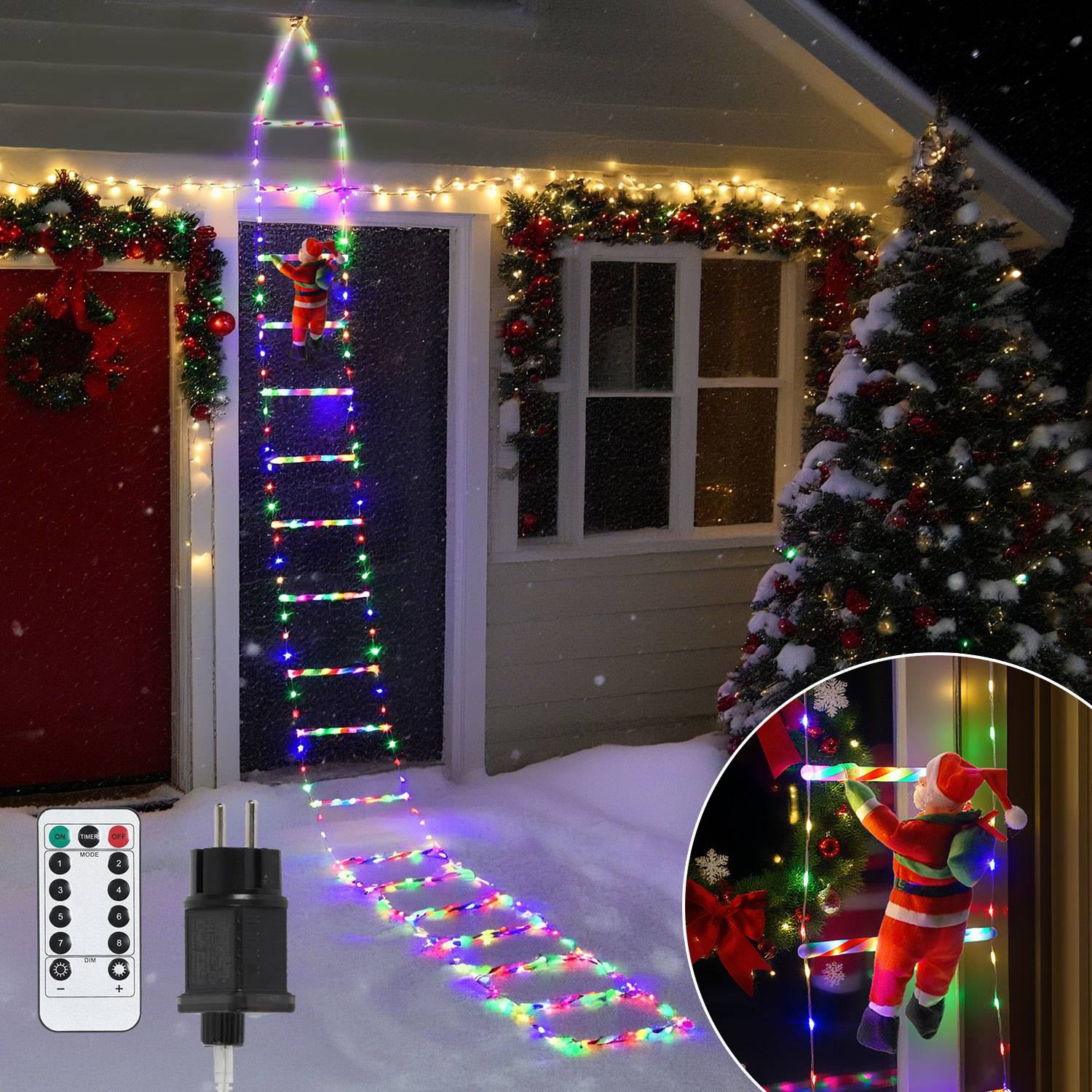 Schneebedecktes Haus mit Weihnachtslichtern: eine bunte Leiter und ein beleuchteter Weg schmücken die Eingangstür, mit einer Weihnachtsmannfigur, die die Leiter erklimmt.