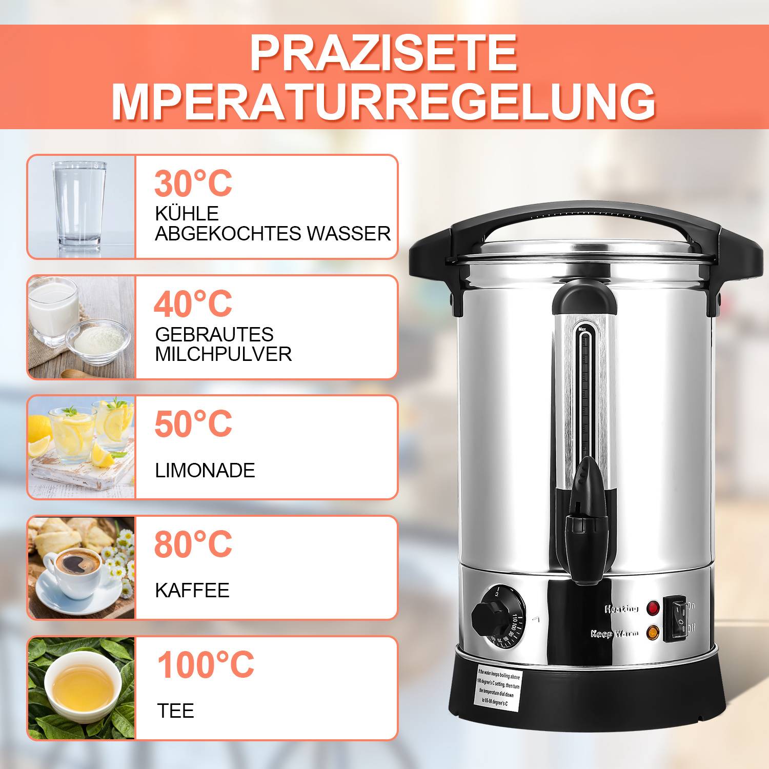 Infografik eines Heißwasserspenders mit empfohlenen Temperaturen: 30°C abgekochtes Wasser, 40°C Milchpulver, 50°C Limonade, 80°C Kaffee, 100°C Tee.