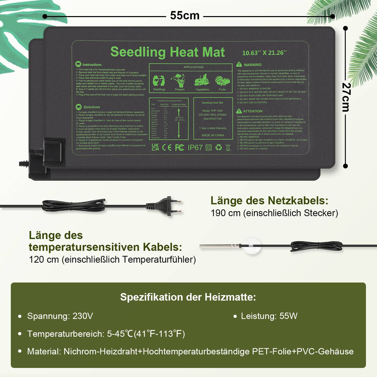 Keimlings-Wärmematte Produktbild mit einer 55 cm x 27 cm Heizmatte, Stromkabellänge und Temperaturfühler-Länge, mit deutschen Spezifikationen und 230V/55W Details.