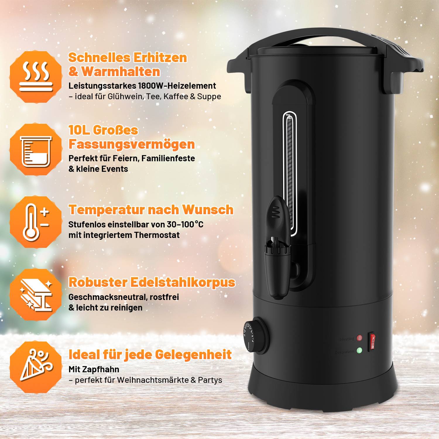 Glühweinkocher 10 L, 1500 W, Schwarz, mit verriegelbarem Deckel, Zapfhahn, Thermostat und Warmhaltefunktion