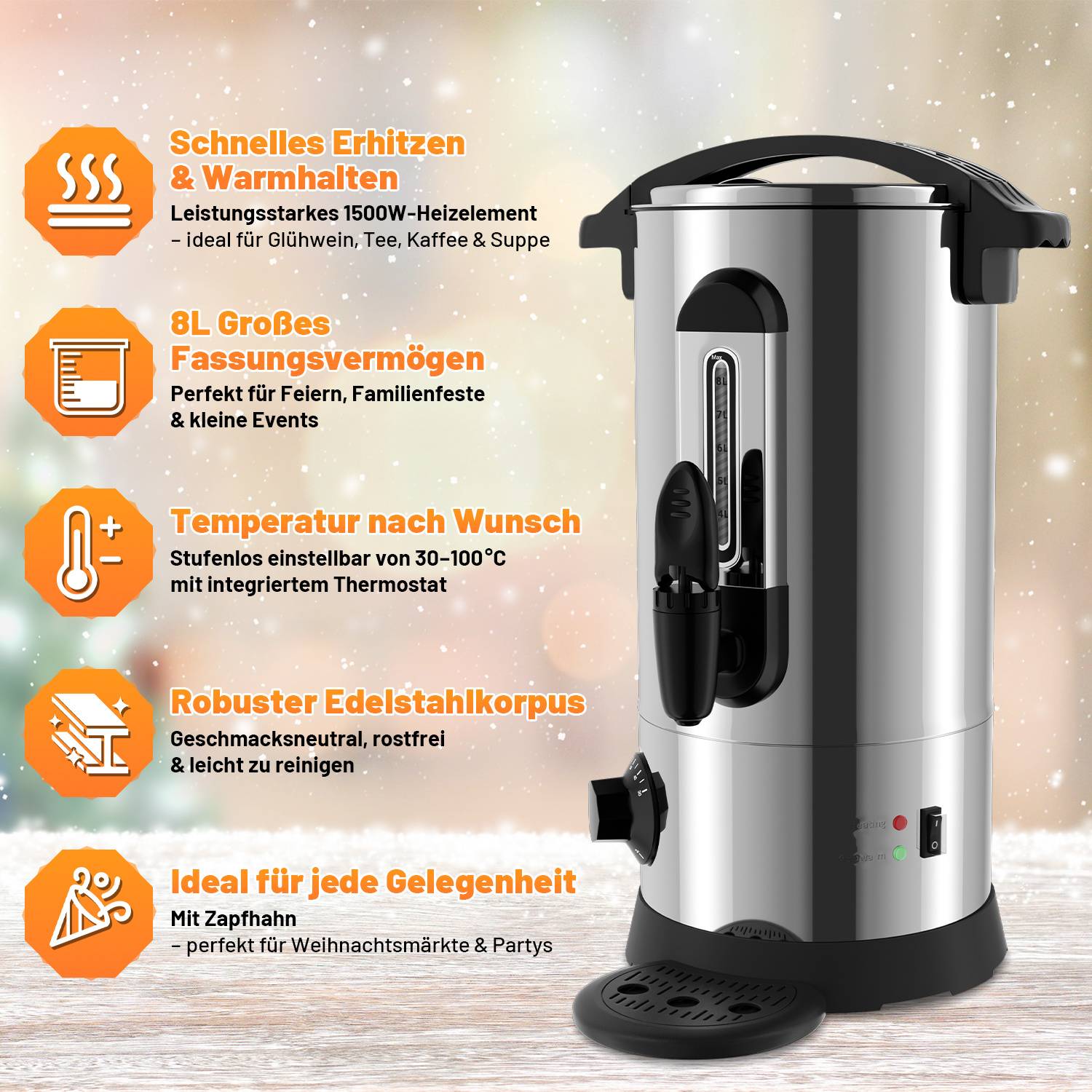 Glühweinkocher 8 L, 1500 W, 304 Edelstahl, mit Tropfschale, Zapfhahn, Thermostat und Warmhaltefunktion