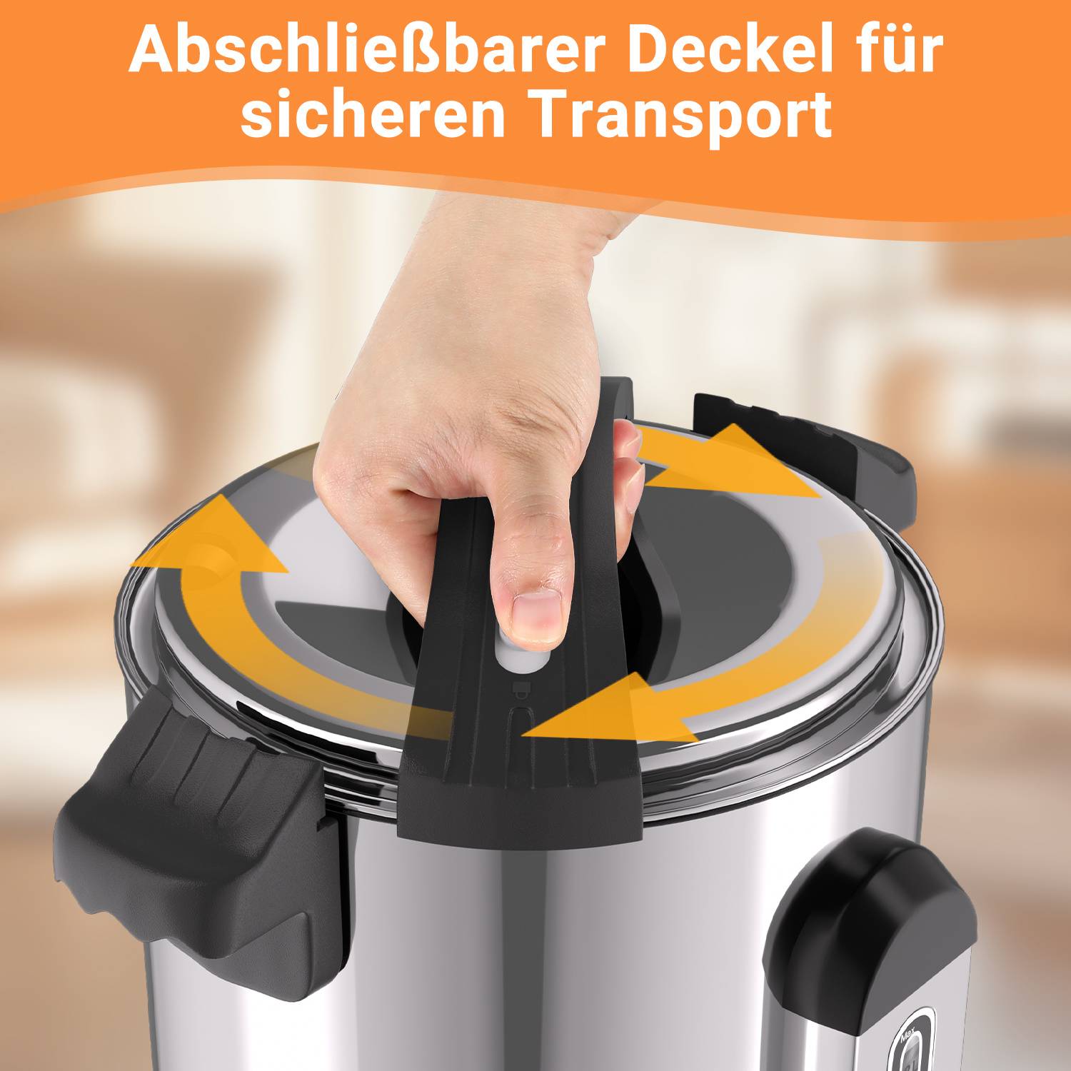 Hand befestigt einen Verschlussdecker auf einem Edelstahlbehälter, gezeigt mit Pfeilen und deutschem Text „Abschließbarer Deckel für sicheren Transport", der einen verschließbaren Deckel für den sicheren Transport anzeigt.
