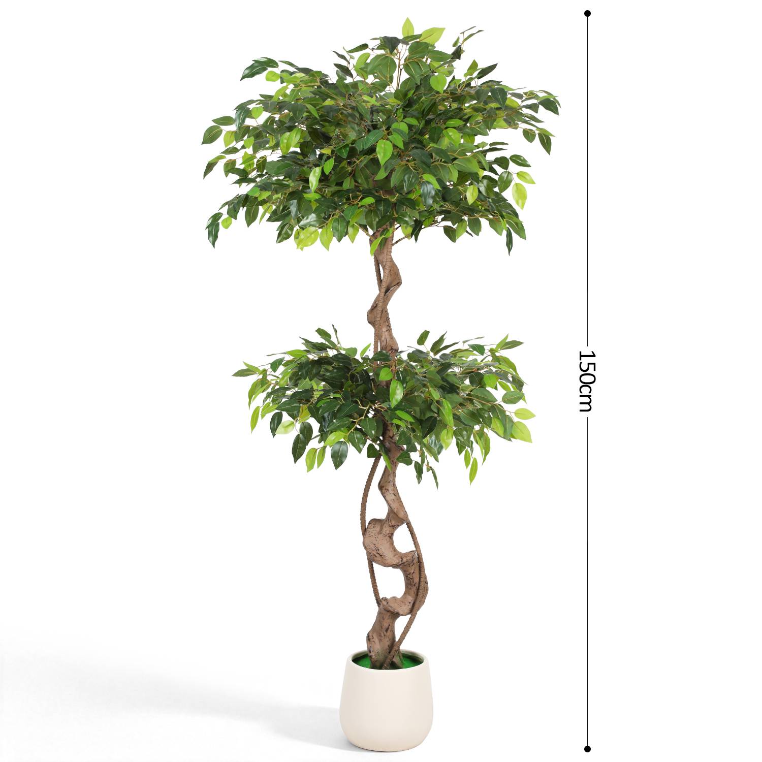 Künstlicher Topfbaum mit zwei belaubten Etagen und gedrehtem Stamm, vor weißem Hintergrund dargestellt; Höhe angegeben 150 cm.