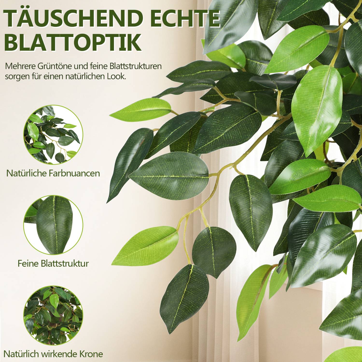 Kunstpflanze mit realistischen grünen Blättern; deutscher Text hebt „täuschend echte Blattoptik" hervor, natürliche Farbvariationen, feine Blattstruktur und eine lebensechte Krone.