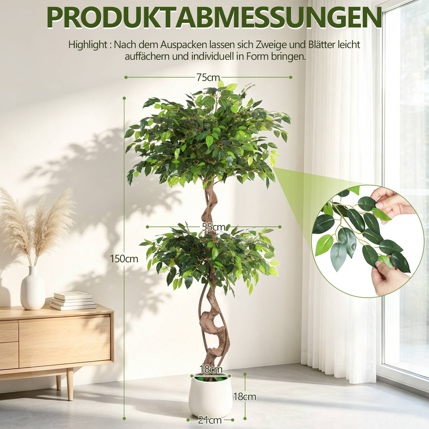 Produktdimensionen-Grafik für einen künstlichen Baum: 150 cm hoch, 75 cm breite Krone, 55 cm mittlere Breite, 21 cm Topfdurchmesser, 18 cm Topfhöhe; Äste können geformt werden.