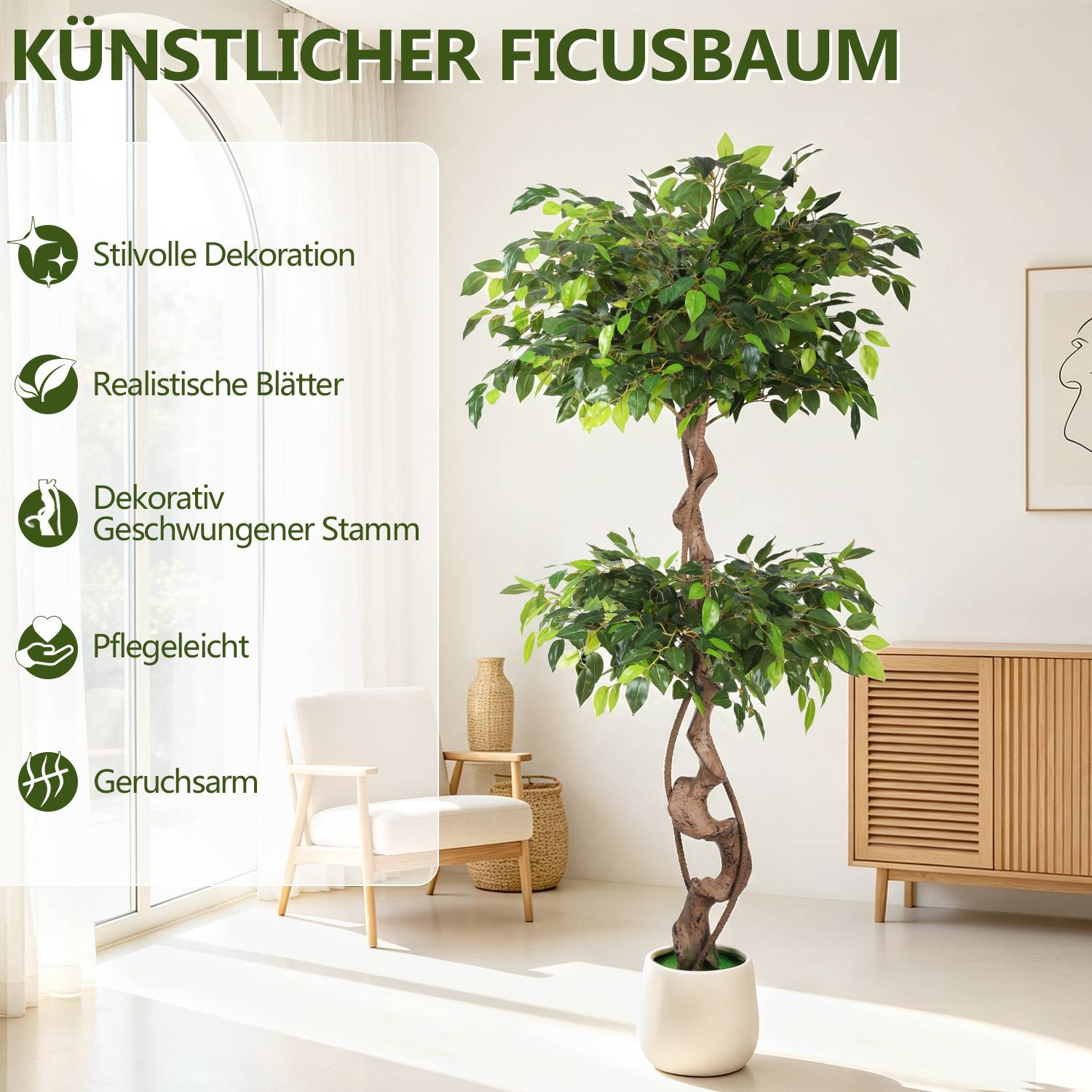 Werbebild eines künstlichen Feigenbaums in einem modernen Wohnzimmer mit deutschem Text, der stilvolle Dekoration, realistische Blätter, verdrehten Stamm, einfache Pflege und niedrigen Geruch hervorhebt.