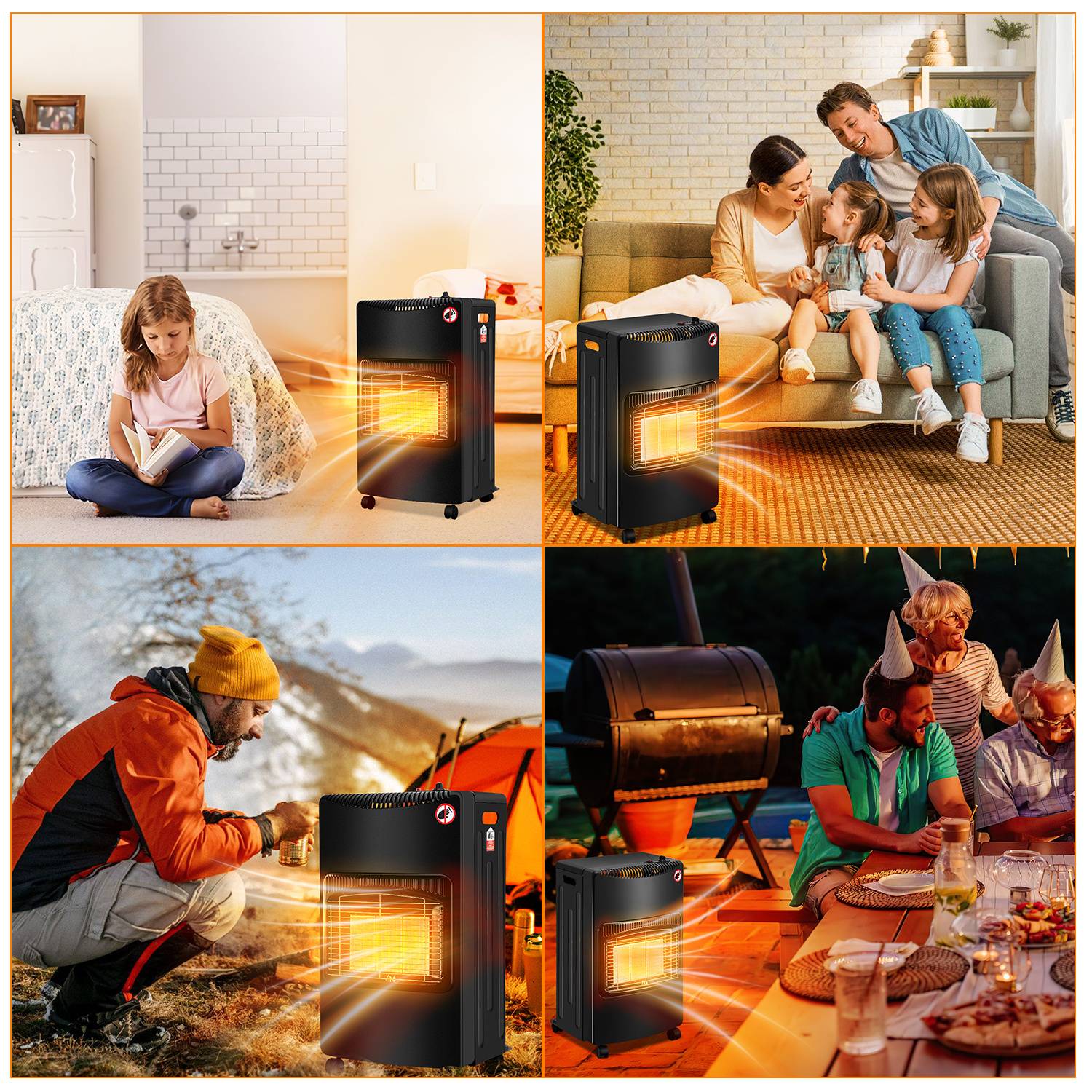 Collage eines tragbaren Heizgeräts, das Menschen in einem Wohnzimmer wärmt, während eine Person es beim Camping nutzt und eine andere bei einer Outdoor-Dinner-Party.
