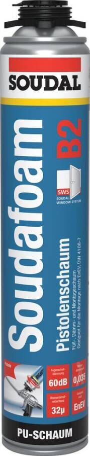 Soudal Soudafoam B2 Dose mit expandierendem Polyurethanschaum, blau-weißes Etikett mit rotem „B2