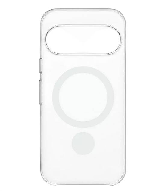 Transparente Smartphone-Hülle mit einem MagSafe-ähnlichen kreisförmigen Magnetring und Kameraausschnitt, gezeigt in der Vorderansicht auf weißem Hintergrund.