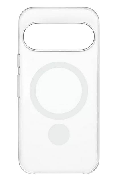 Transparentes Handyhülle mit MagSafe-ähnlichem kreisförmigem Ring und zentrierter Ausrichtungsmarkierung, Vorderansicht auf weißem Hintergrund.