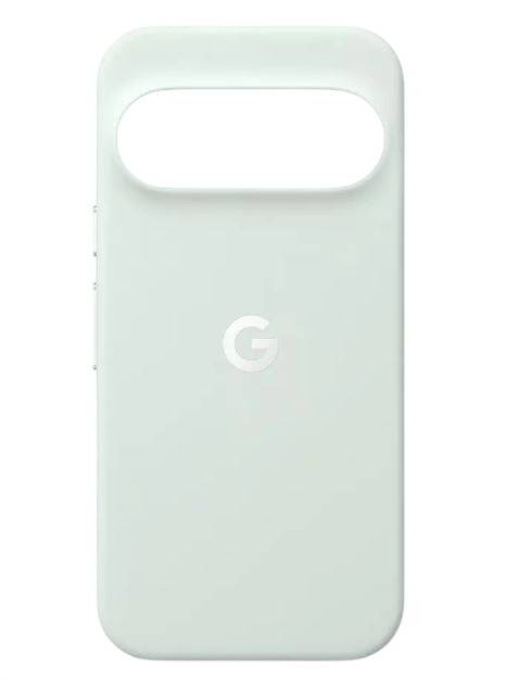 Mintgrüne Smartphone-Hülle mit großem ovalem Kameraausschnitt und zentriertem weißem G-Logo auf der Rückseite.