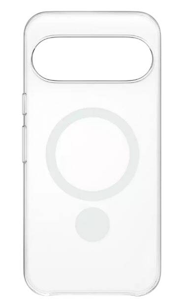 Weiße Smartphone-Hülle mit großem kreisförmigem MagSafe-Ring und kleinem Ausrichtungspunkt, von hinten gezeigt.