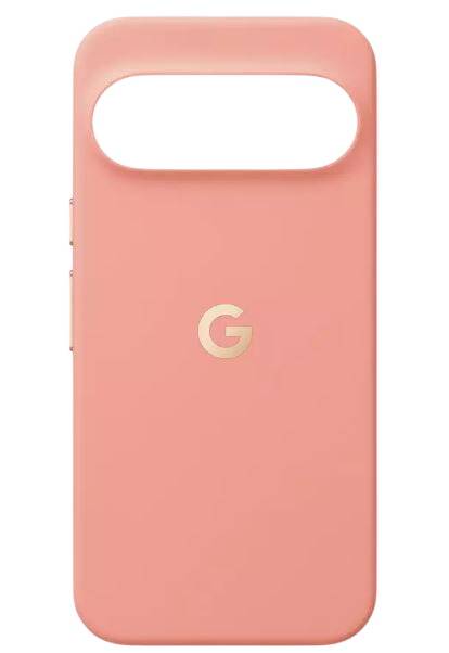 Rosa Smartphone-Schutzhülle mit großem horizontalem Kameraausschnitt und zentriertem goldenem 'G'-Logo auf der Rückseite.