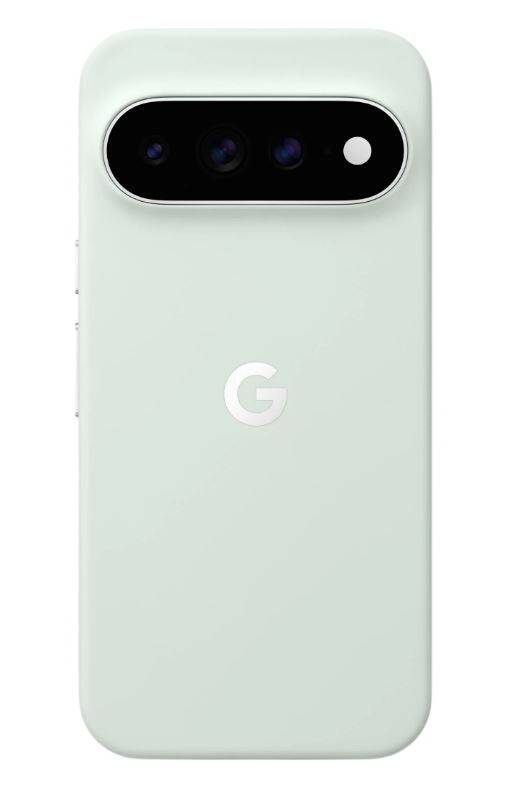 Rückansicht eines mintgrünen Google Pixel Telefons mit einer horizontalen schwarzen Kameraleiste, drei Objektiven und einem zentrierten 