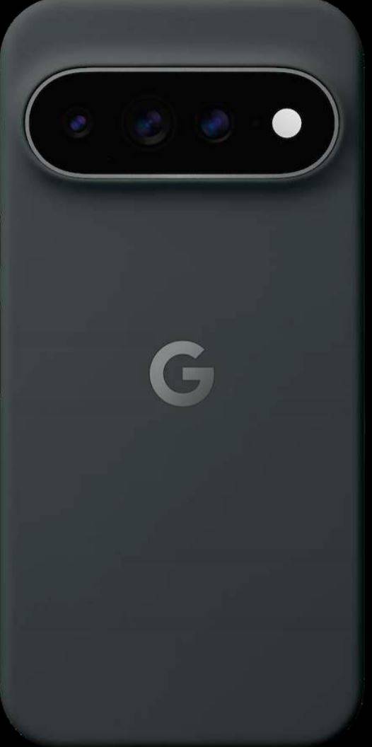 Rückansicht eines dunkelgrauen Google Pixel-Telefons mit dem Google 'G'-Logo und horizontaler Kameraleiste oben.