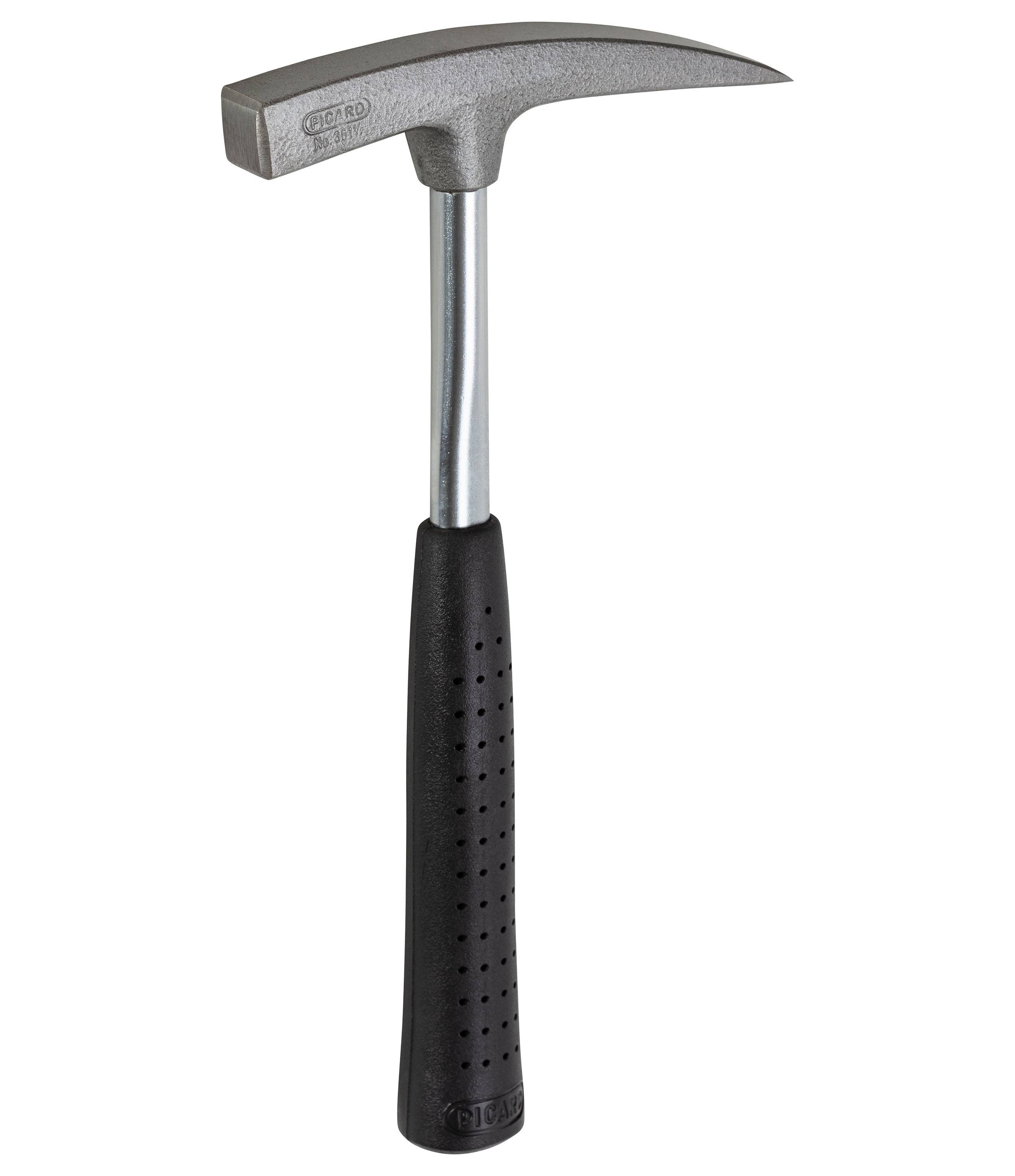 Ein Metallhammer mit schwarzem Gummigriff auf weißem Hintergrund.