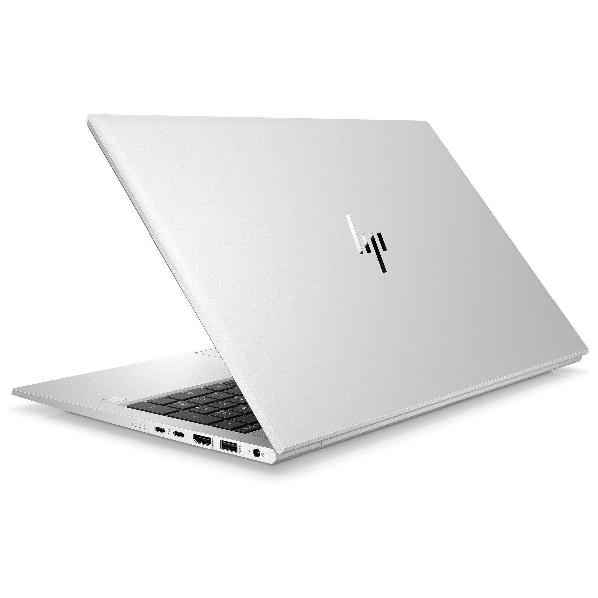 Silberner HP-Laptop teilweise geöffnet auf weißem Hintergrund, mit dem HP-Logo zentriert auf dem Deckel.