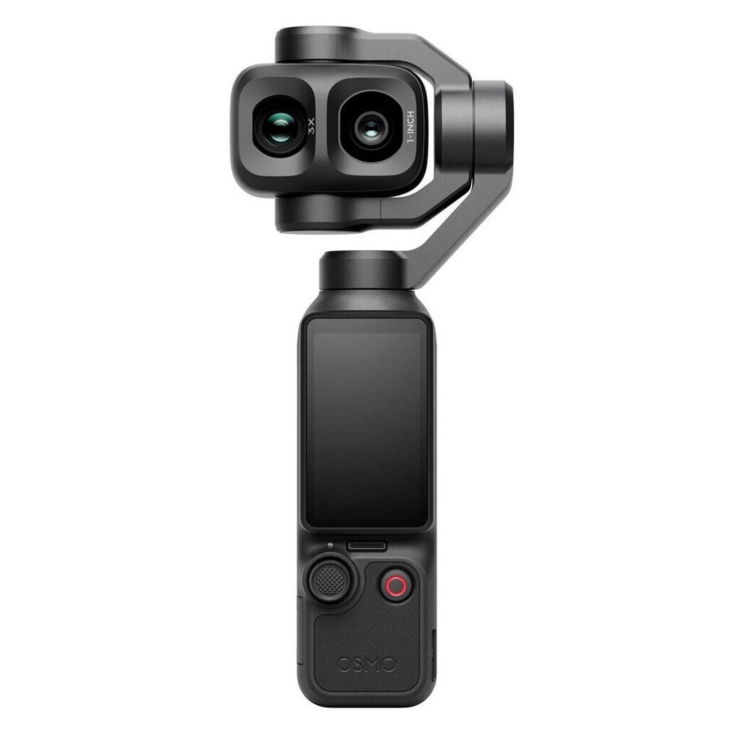Eine tragbare DJI Osmo Pocket-ähnliche Kamera mit einem kardanisch gelagerten Dual-Objektiv-Kopf und kleinem integriertem Touchscreen.