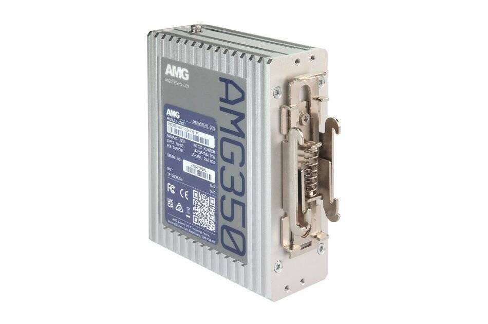 Ein silbernes Industrie-Elektronikmodul mit der Bezeichnung 'AMG350' und einem Stecker an einem Ende, gezeigt vor weißem Hintergrund.