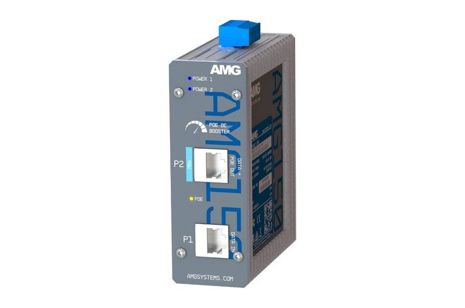 AMG-Industrie-DC-Booster-Modul mit zwei Ethernet-Anschlüssen und oberem Stromstecker, vor weißem Hintergrund dargestellt.