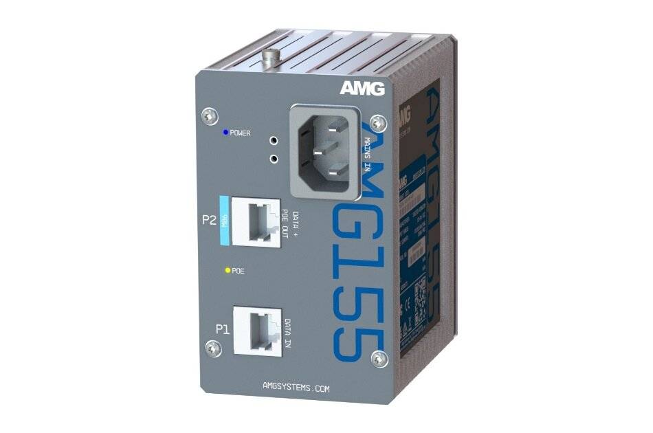 AMG Industrie-Netzwerkstrommodul mit AC-Eingang, Stromanzeige und zwei RJ45-Anschlüssen mit der Bezeichnung P1 und P2