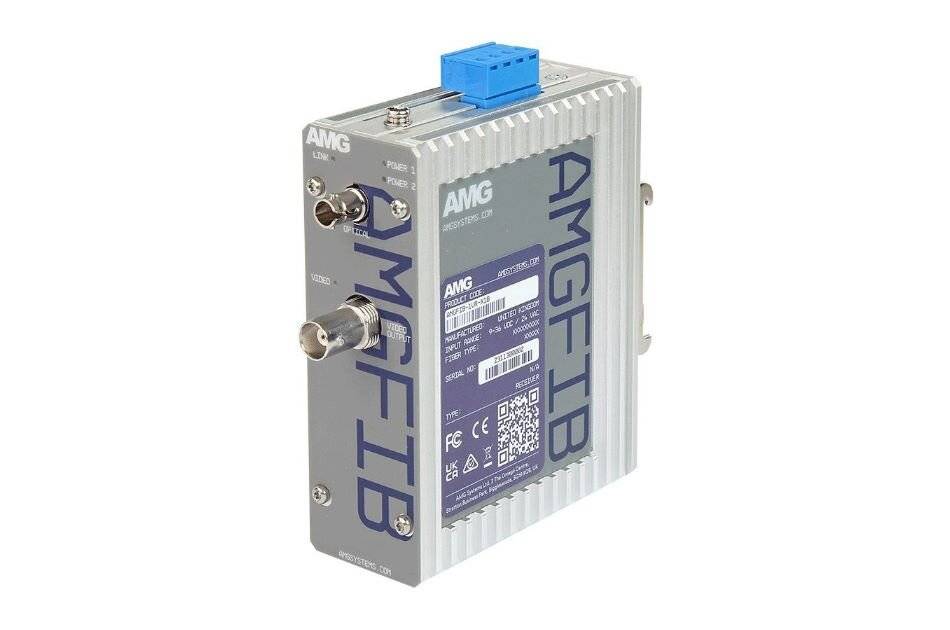 Industrielles AMG/FIB-Elektronikmodul mit Metallgehäuse, blauem Stecker oben und zwei koaxialen Anschlüssen an der Vorderseite, dargestellt auf weißem Hintergrund.