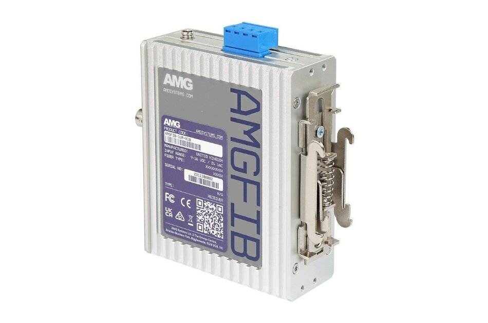 AMG-FIB Industrielles Elektronikmodul mit geripptem Aluminium-Gehäuse, blauem Stecker oben und seitlichen Anschllussklemmen auf weißem Hintergrund