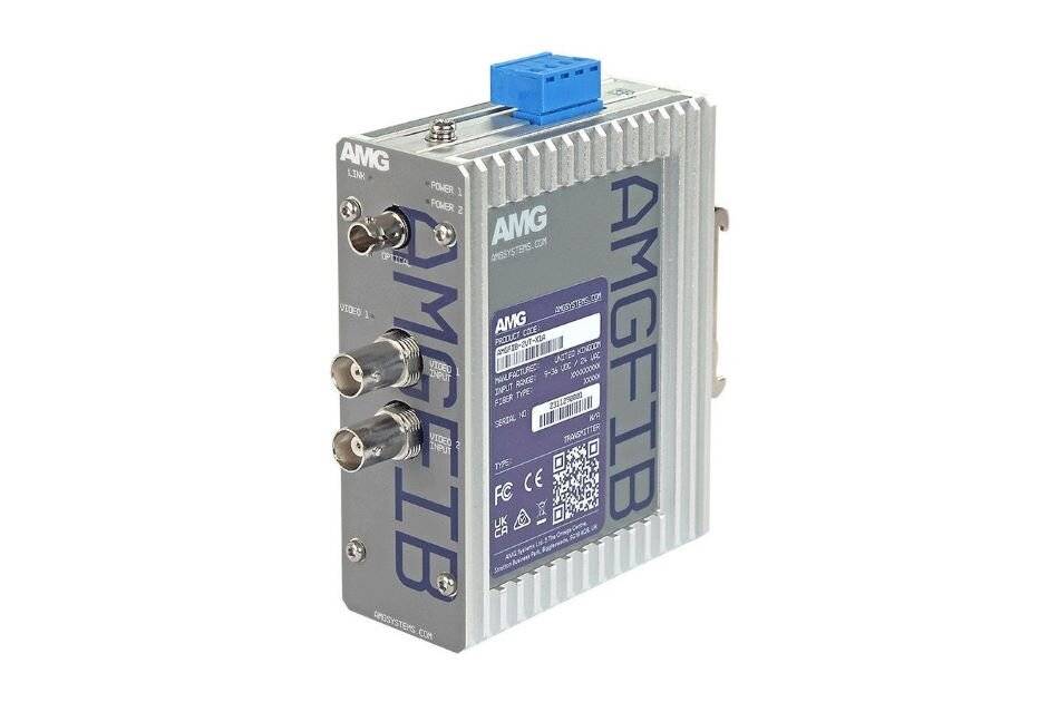 Industrielles AMGFTB-Elektronikmodul mit drei koaxialen Steckern und einer blauen Anschlussleiste oben, dargestellt in einer produktbezogenen isolierten Ansicht.