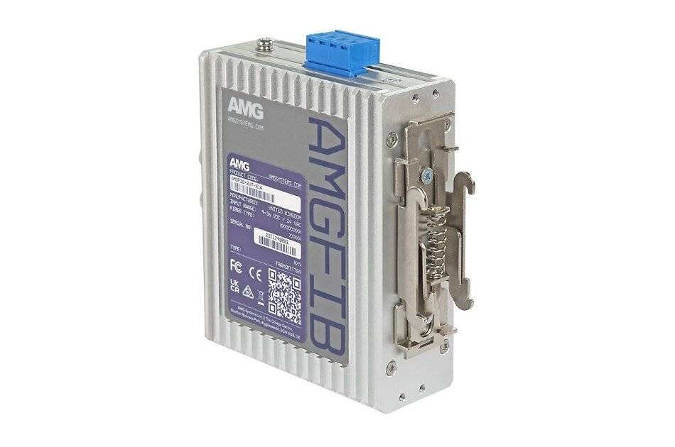 Industrielles AMGFIB-Elektronikmodul mit geripptem Metallgehäuse, blauem Stecker oben und seitlicher Anschlussgruppe, auf weißem Hintergrund gezeigt.