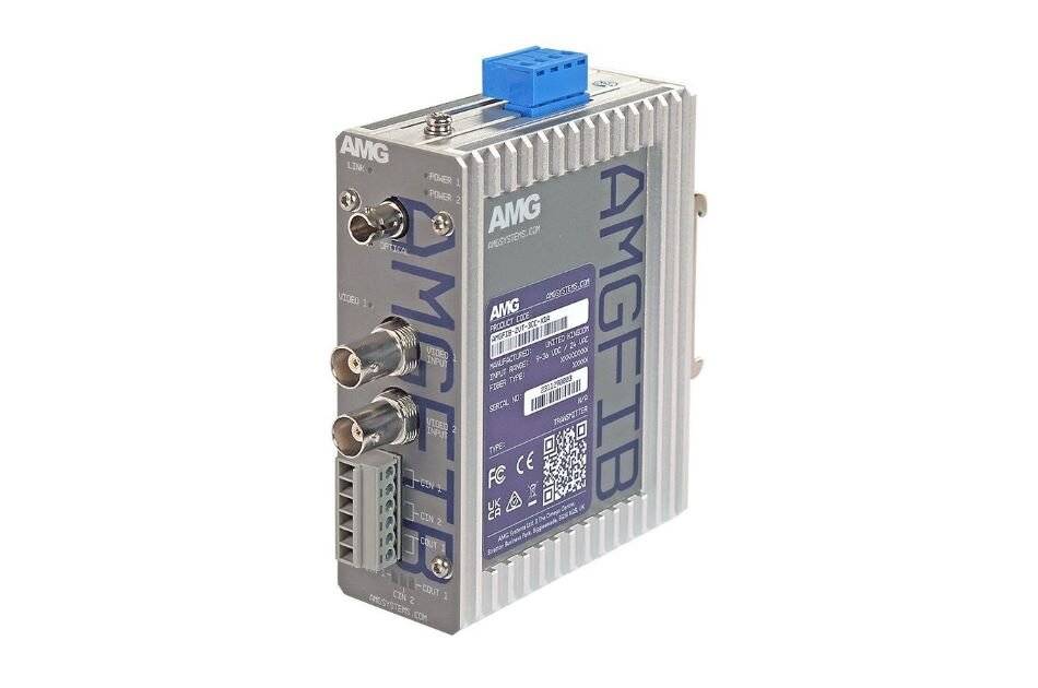 Industrielles AMG-FIB-Modul mit silbernem geripptem Metallgehäuse, blauem Steckverbinder oben und vorderen Koaxial- und Anschlussports auf weißem Hintergrund.