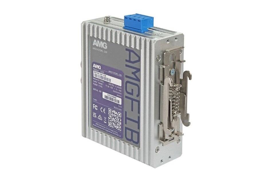 Kompaktes Industrieelektronikmodul mit geripptem Metallgehäuse, mit der Bezeichnung AMG FIB, auf weißem Hintergrund abgebildet.