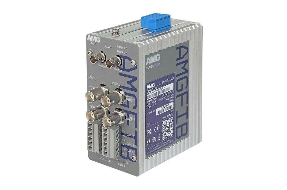 Industrielles AMG-FIBER-Kommunikationsmodul mit mehreren runden und Anschlussverbindern auf einem grauen Metallgehäuse, dargestellt auf weißem Hintergrund.